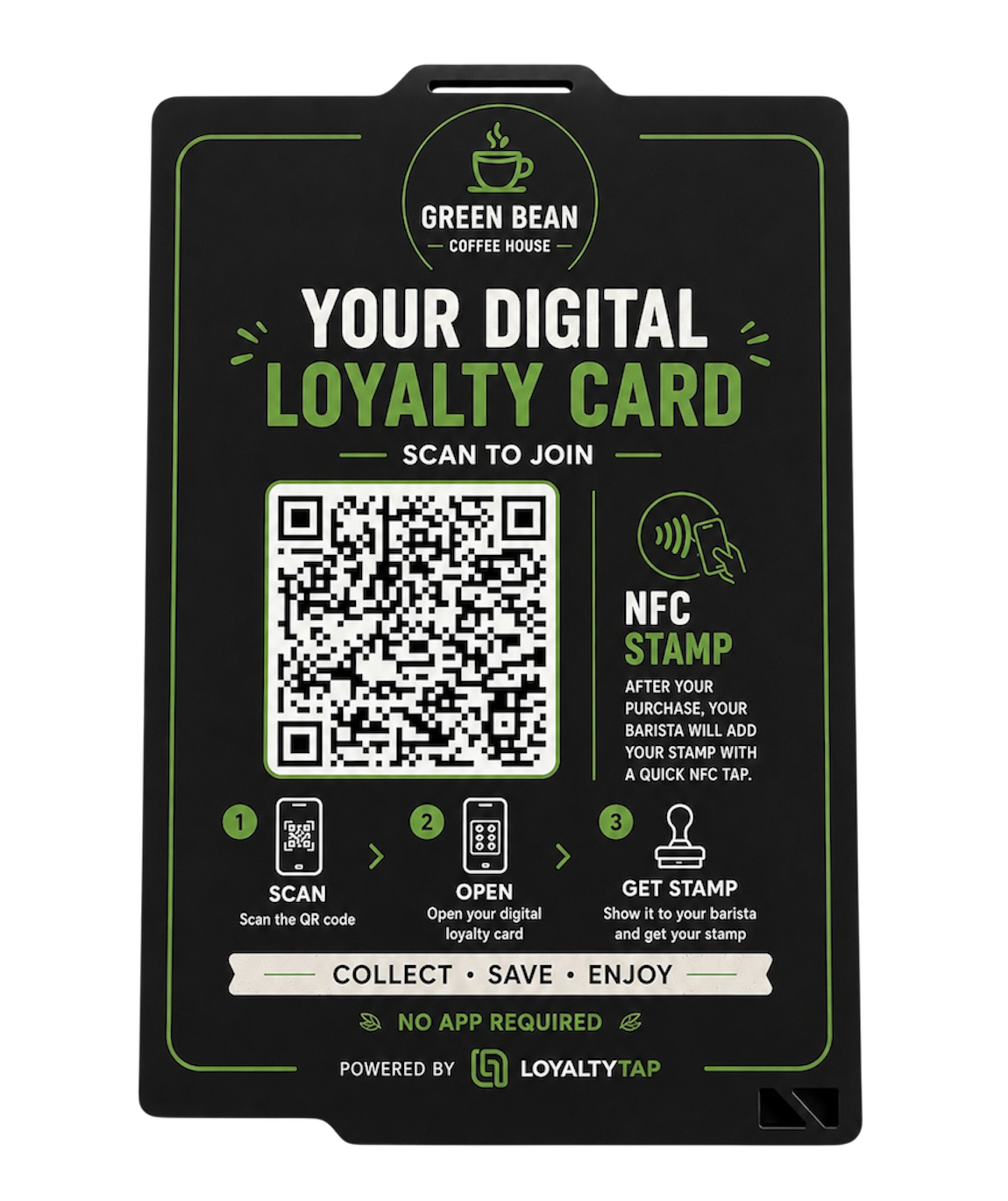 A personalised LoyaltyTap digital loyalty card on a phone showing green star stamps and the reward progress