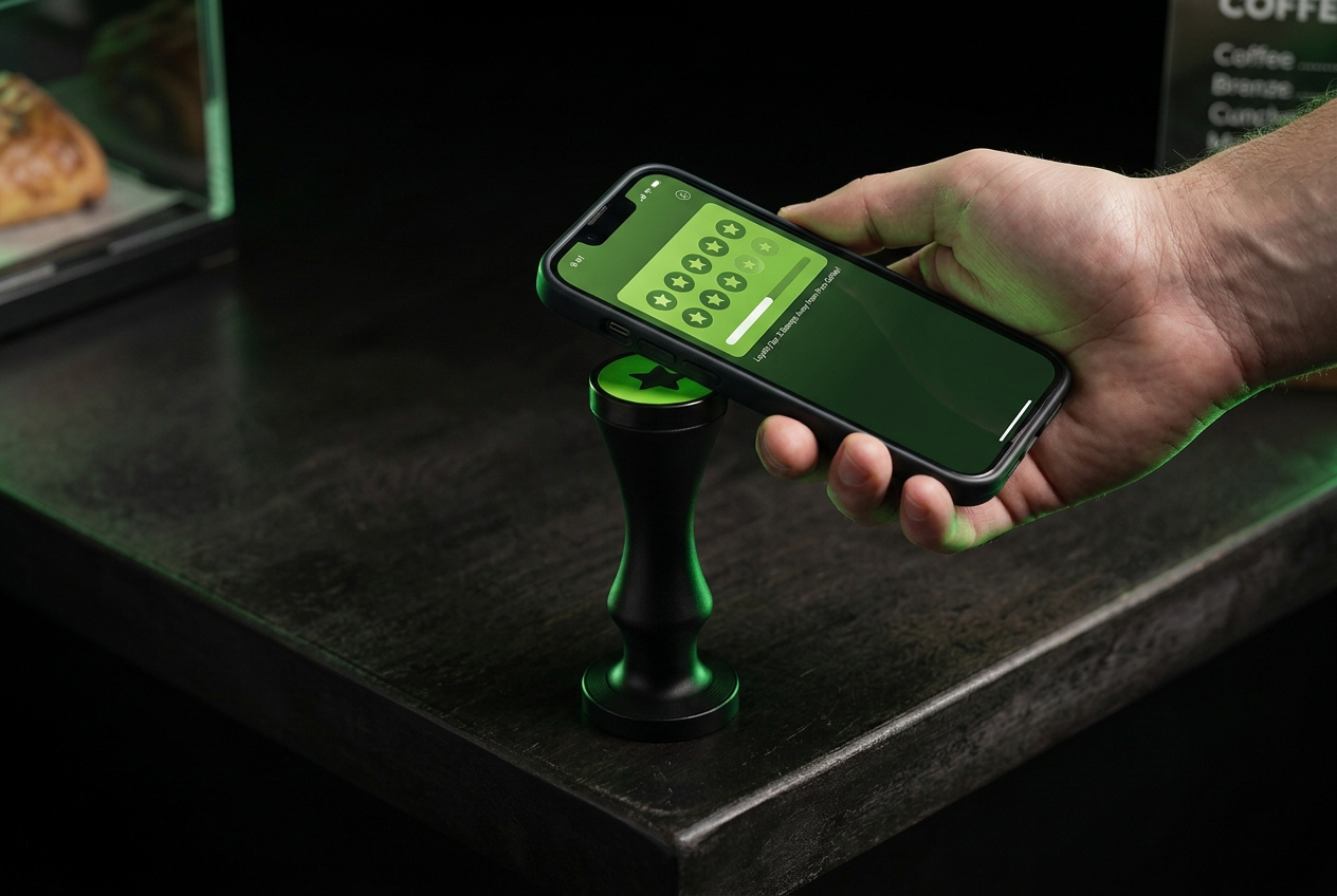 A hand holding a phone against a green-lit LoyaltyTap NFC stamp on a café counter